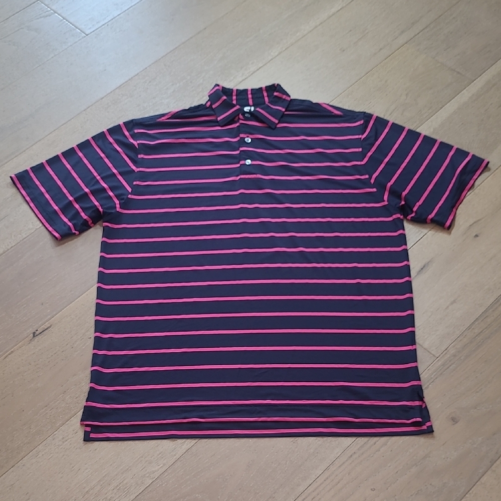 EUC FootJoy Golf Polo Shirt Men's sz L Pink/Blue Stripe 1/4 Button Short Sleeve